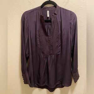 Free People Purple Mandarin Collar Split Neck Long Sleeve Shiny Blouse Size XS